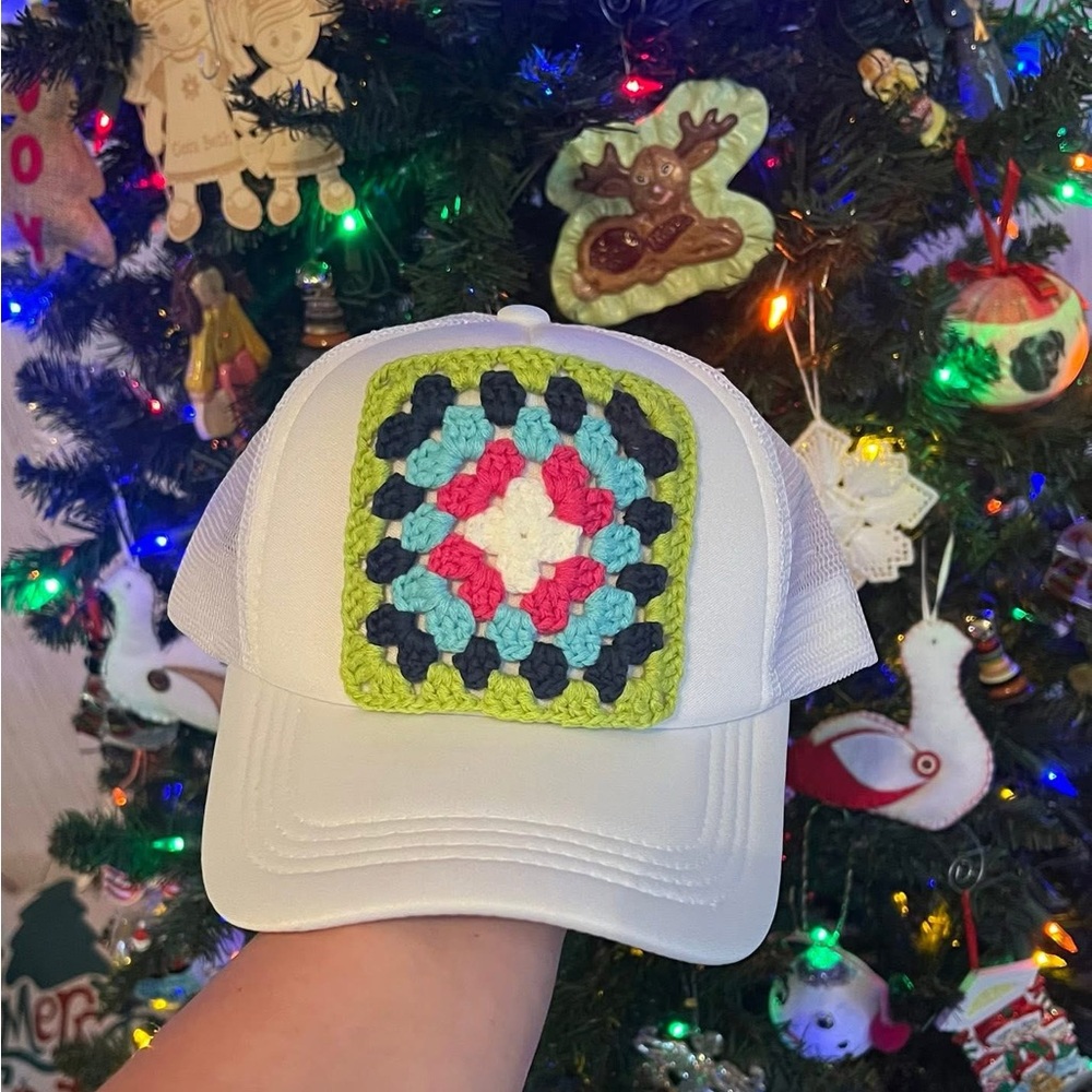 Colorful Granny Square Crochet Patch White Trucker Hat
